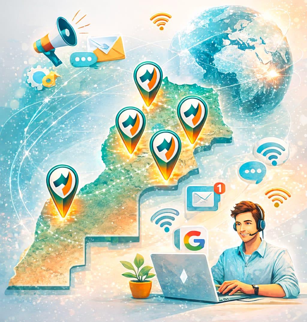 Illustration montrant une disponibilité digitale partout au Maroc, y compris le Sahara, et à distance à l’international