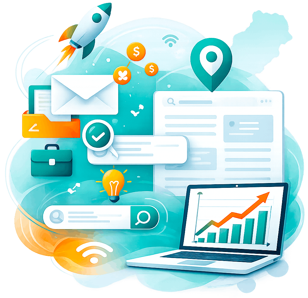 Illustration web moderne représentant la création de site internet, le référencement SEO et la croissance digitale au Maroc