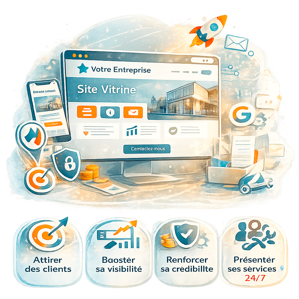 Illustration expliquant pourquoi créer un site vitrine professionnel pour attirer des clients, améliorer la visibilité et renforcer la crédibilité