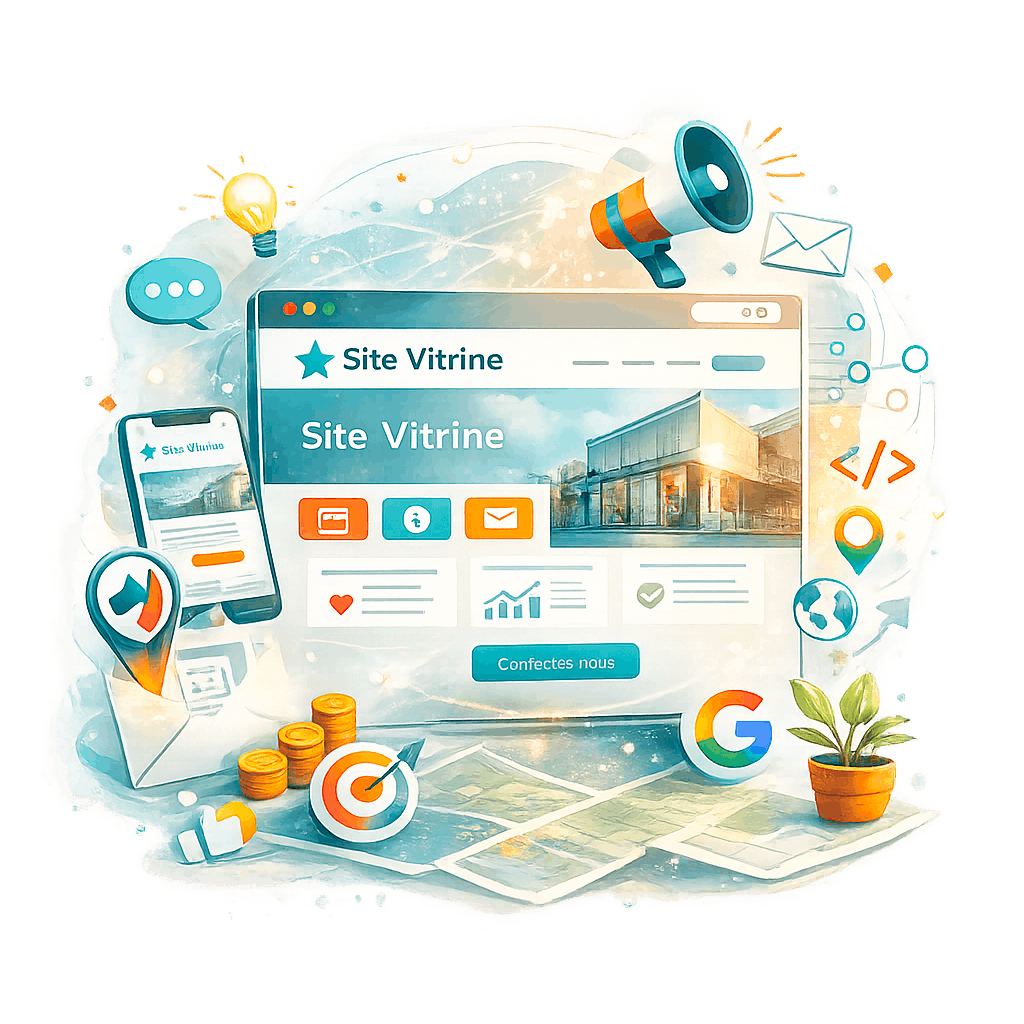 Illustration expliquant ce qu’est un site vitrine, une présentation en ligne d’une entreprise, de ses services et de ses informations