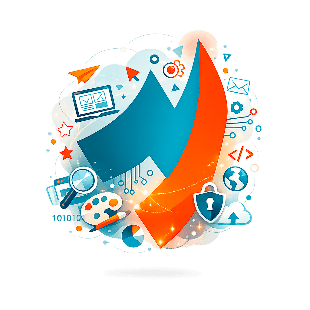 Illustration créative et technique représentant la création de sites web, le développement digital et la performance en ligne