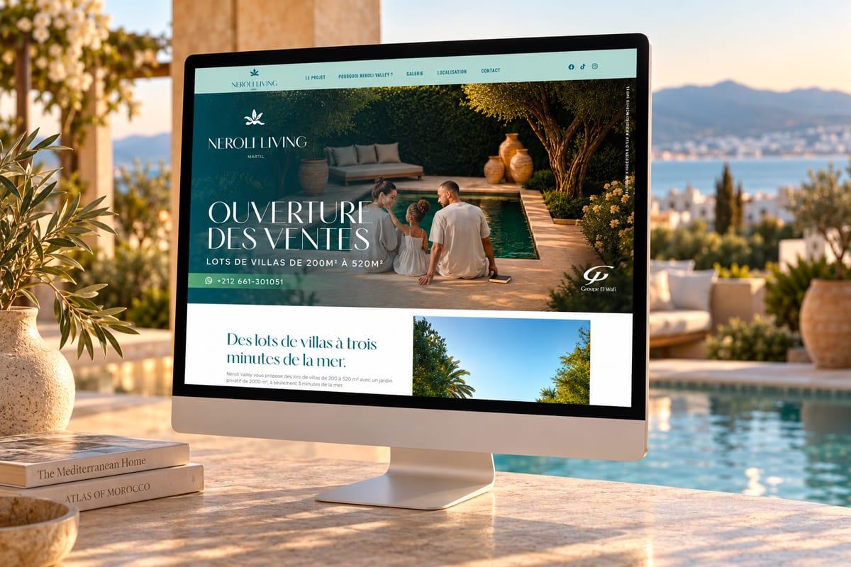 Présentation du site web immobilier Neroli Living, projet de lots de villas premium à Martil.