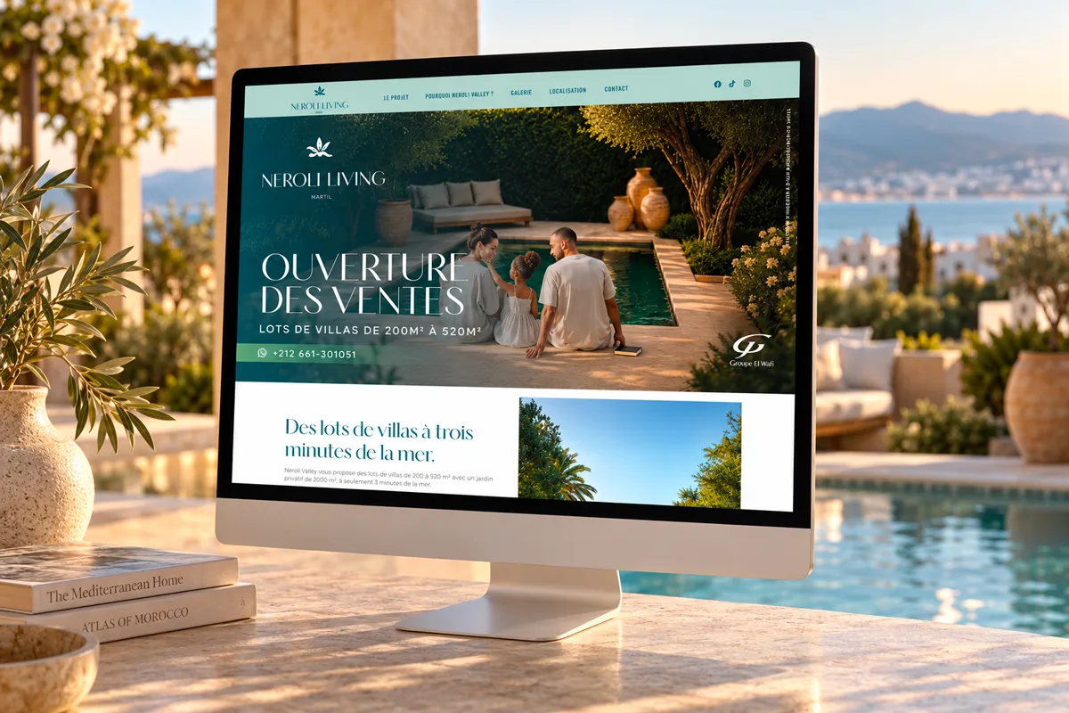 Présentation du site web immobilier Neroli Living, projet de lots de villas premium à Martil.